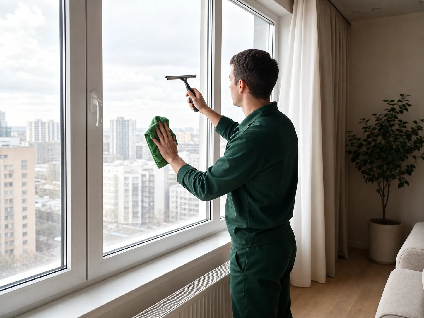 A Ladom team member cleans a large window from inside the apartment